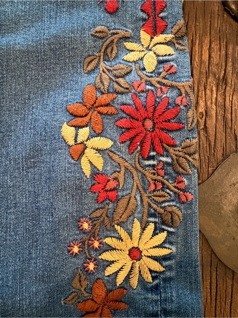 DRIFTWOOD Blue Flare Jeans with Red, Yellow & Cream Embroidery - Picture 3 of 8